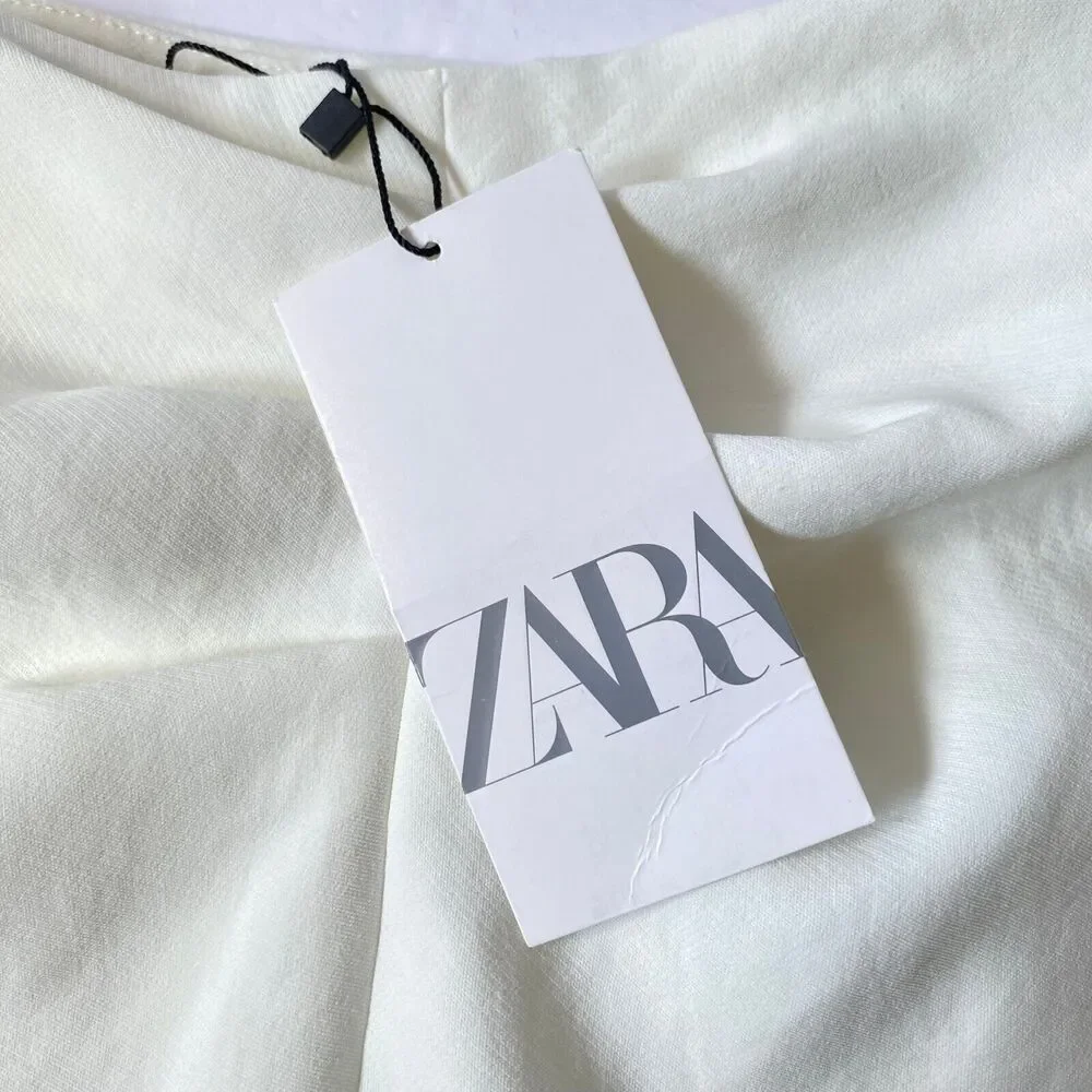 Zara Skirt Women Sz M Off White Front Asymmetrical Split Cinched Waist NWT Flaws